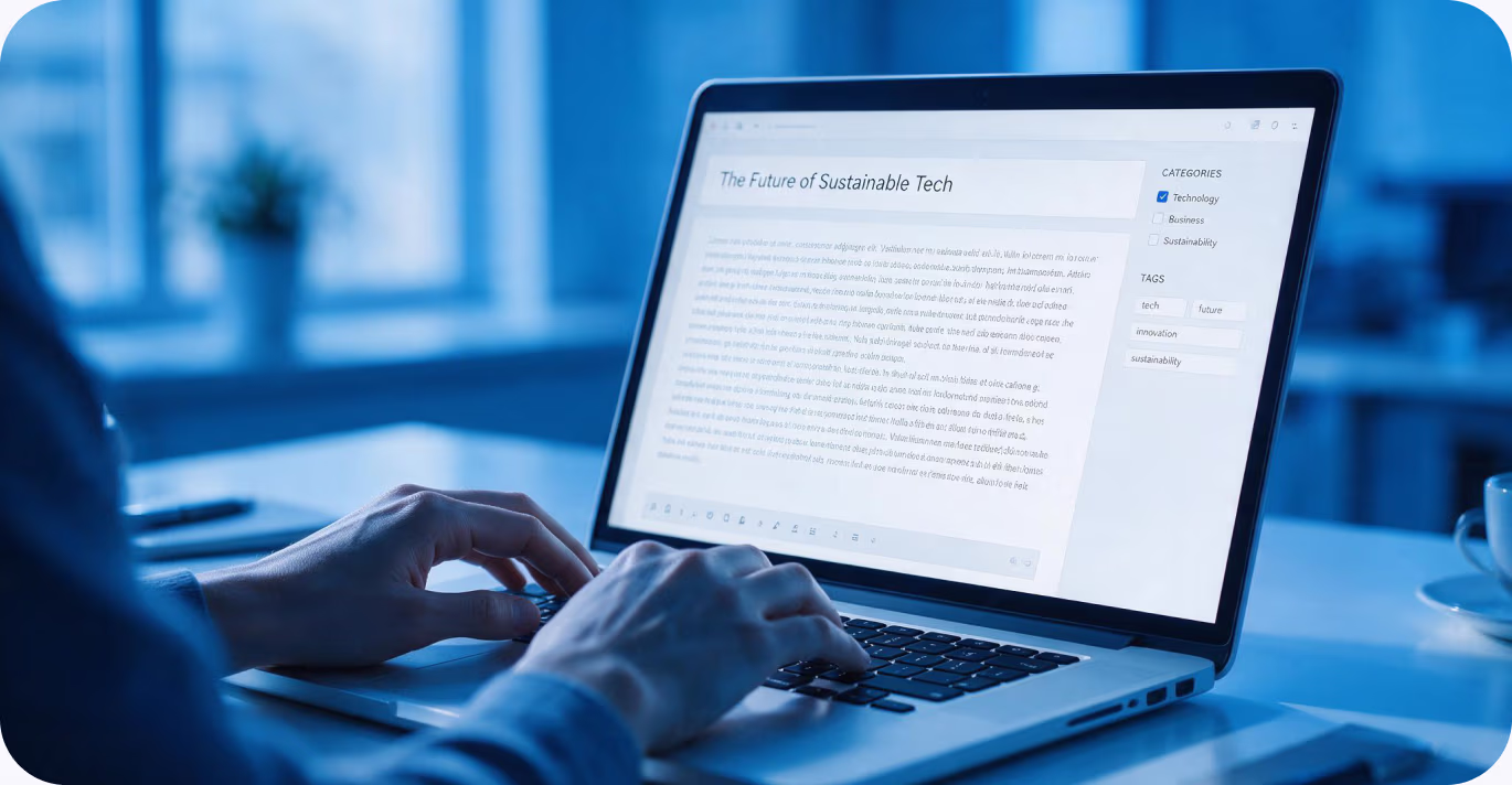 Redakteurin schreibt einen Blogartikel am Laptop